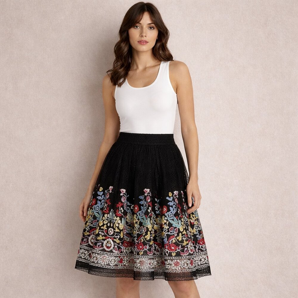 Gianni Bini Amelia Midi Skirt Womens XS Black Floral Embroidered Mesh Sheer